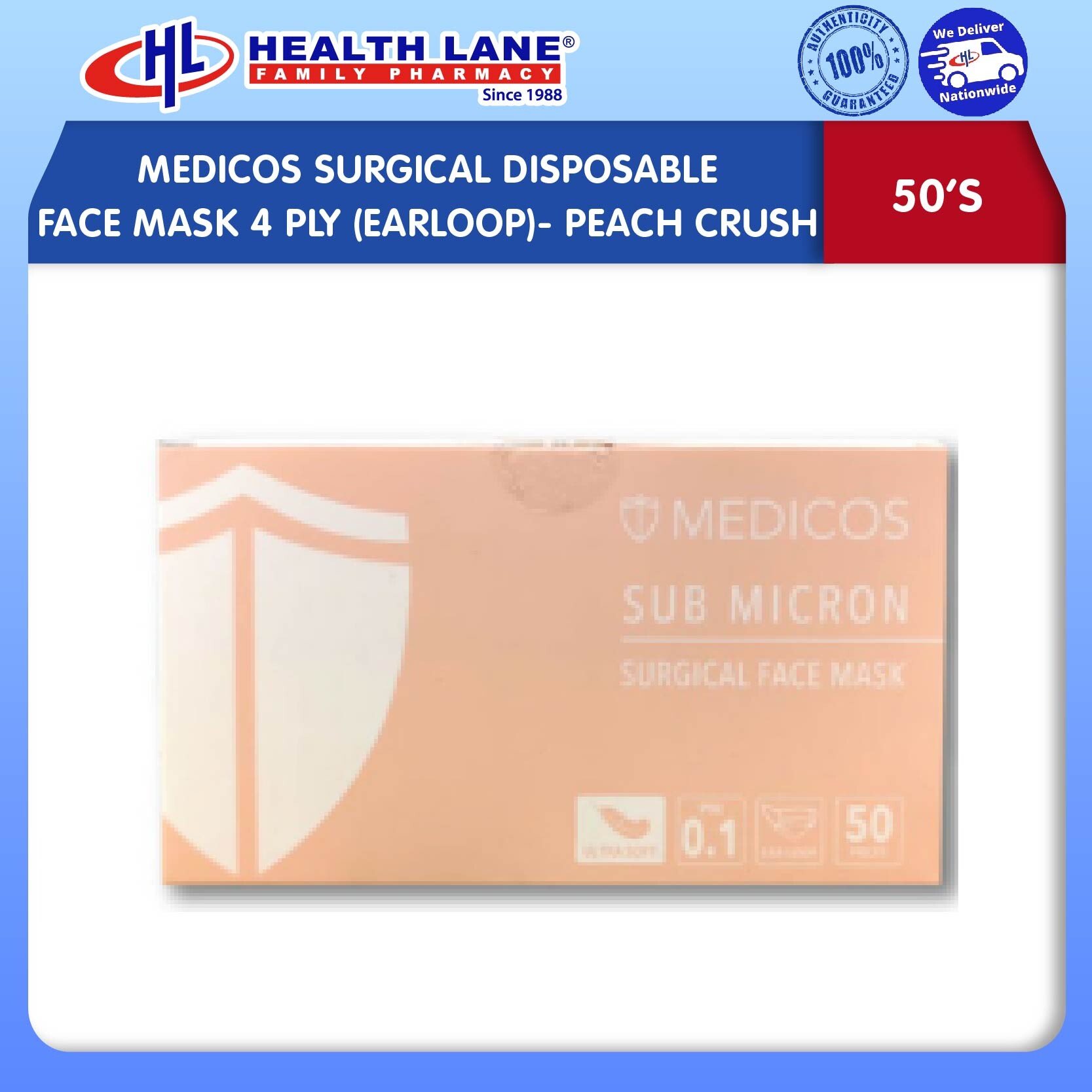 MEDICOS SURGICAL DISPOSABLE FACE MASK 4 PLY (EARLOOP)- PEACH CRUSH (50'S)